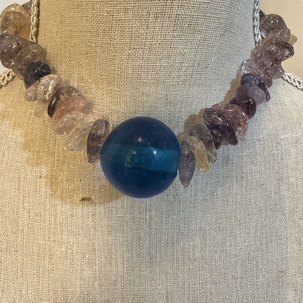 VINTAGE GLASS PURPLE AND AQUA CHOKER STATEMENT NECKACE